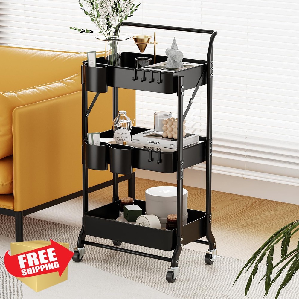 3 Tier Foldable Rolling Cart Black Storage Organizer Hooks