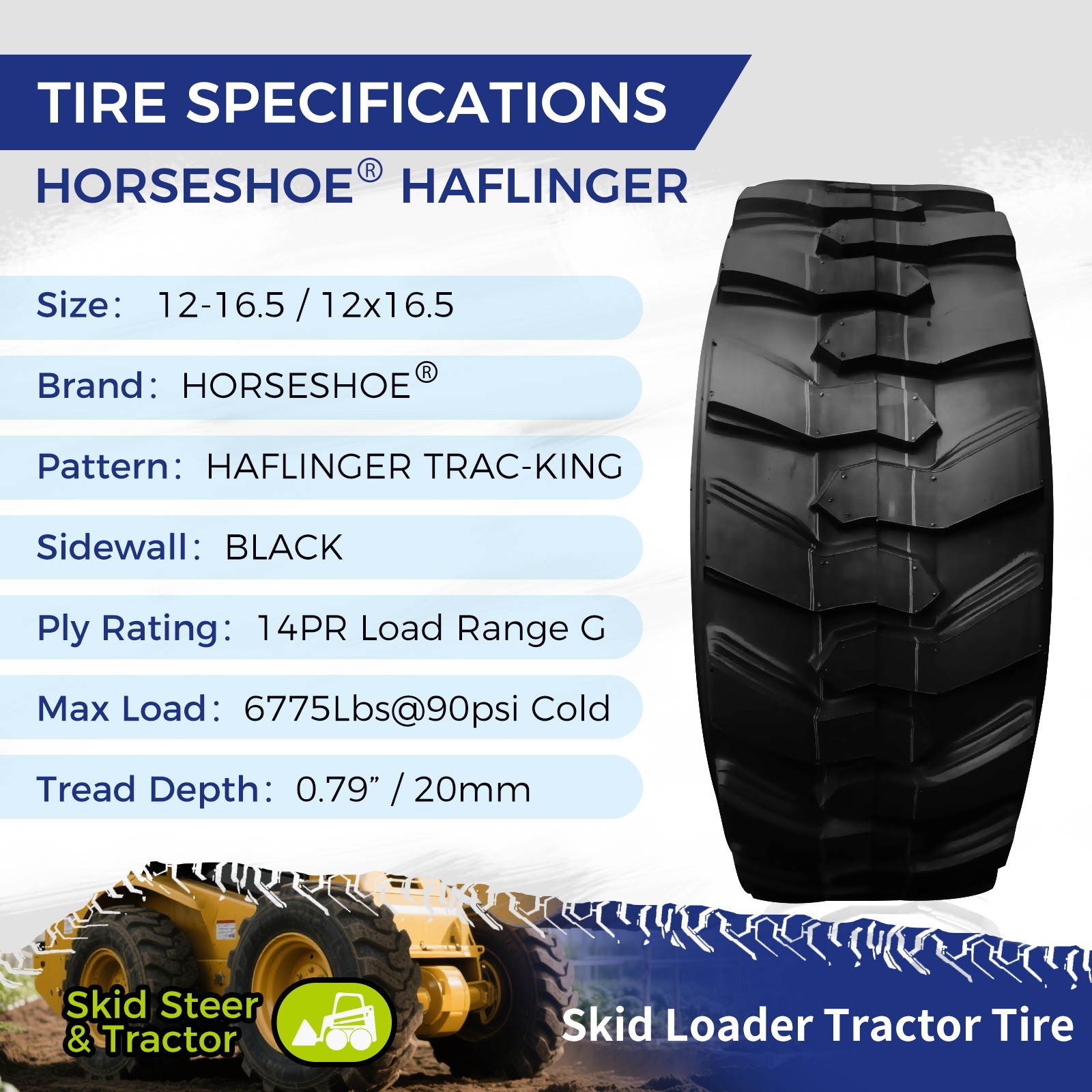 4 12x16.5/12-16.5 14PR Skid Steer Tire HAFLINGER TRAC-KING Heavy Duty TL 12165