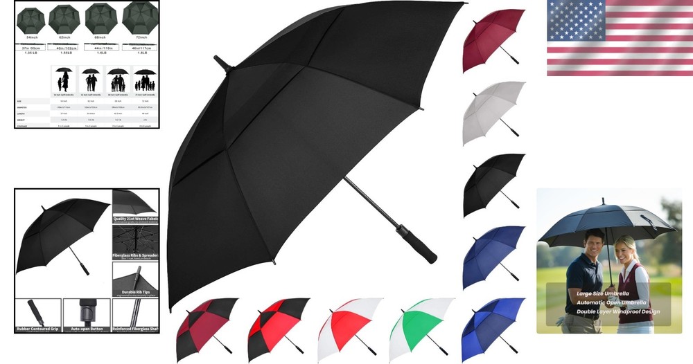 Extra Large Windproof Golf Umbrella - 62 Inch Automatic Open Waterproof Black