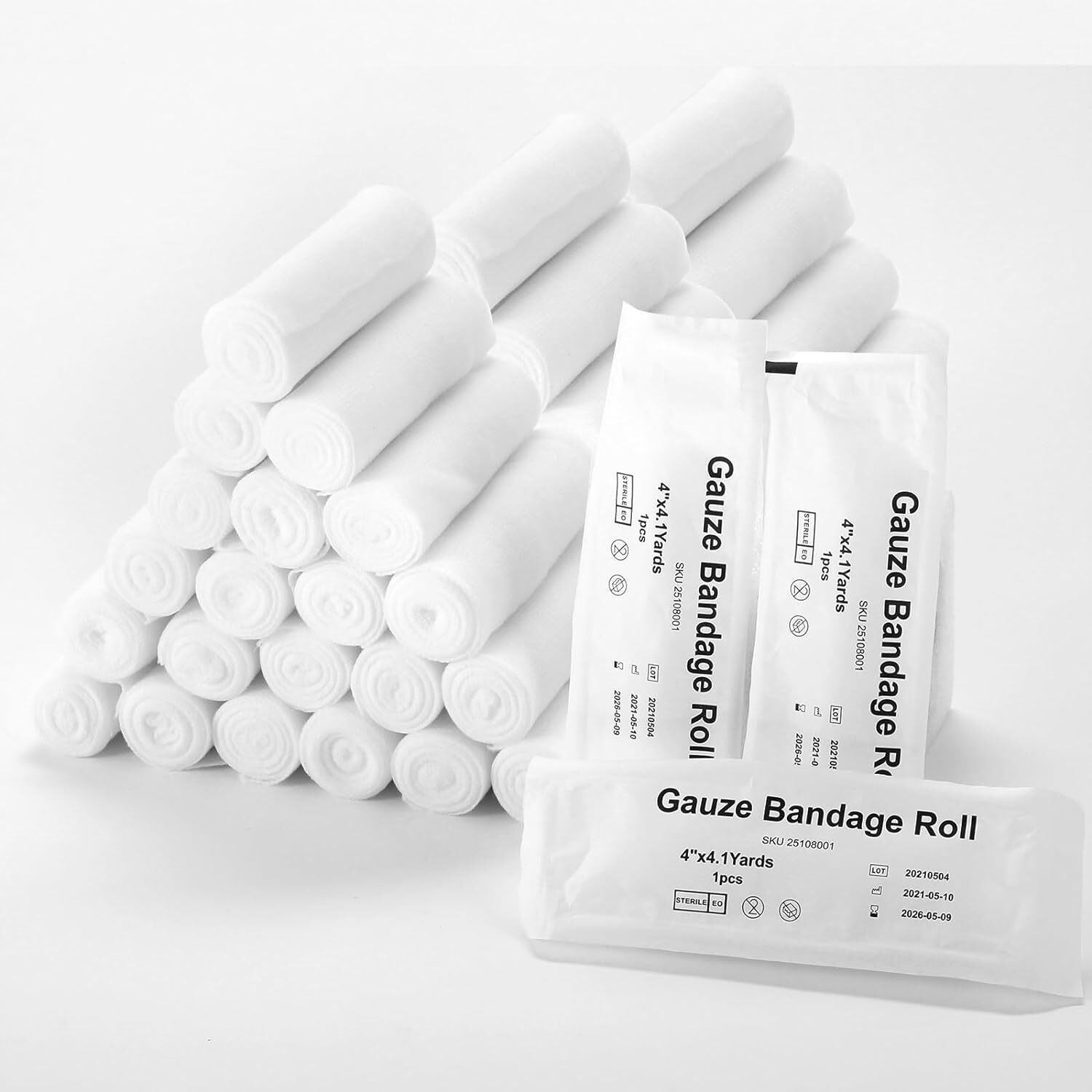 24 Rolls/Box, Rolled Gauze Bandage 4"x4.1 yd Sterile Stretch w/ 2 Medical Tape