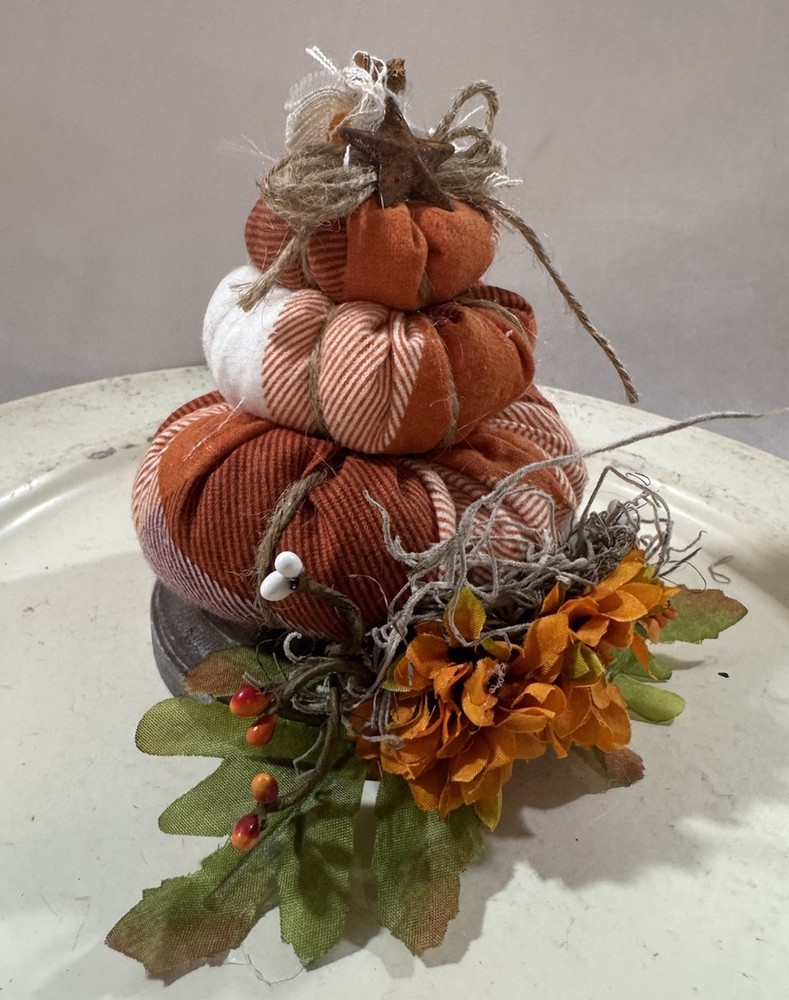 Handcrafted Primitive Fall Stuffed Stacking Pumpkin Shelf Sitter Round Base