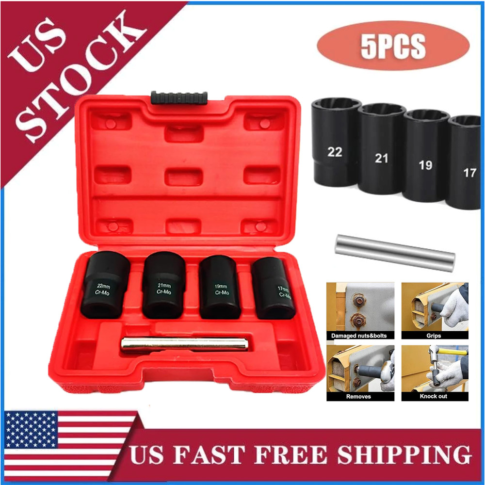 5Pc Wheel Lug Nut Remover 1/2" Drive Twist Socket Kit Remove Damaged Locked Nut