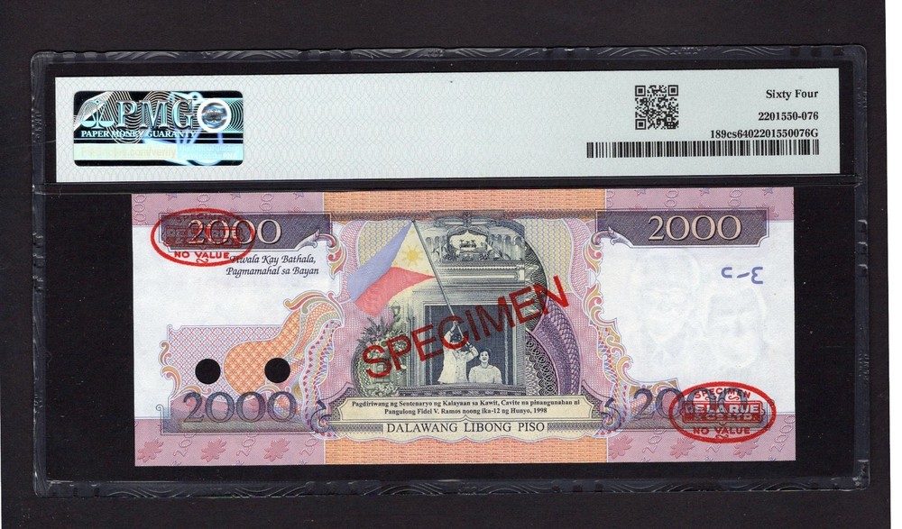 Philippines 2000 Pesos 2001 P189cs Commemorative Specimen Uncirculated Grade 64
