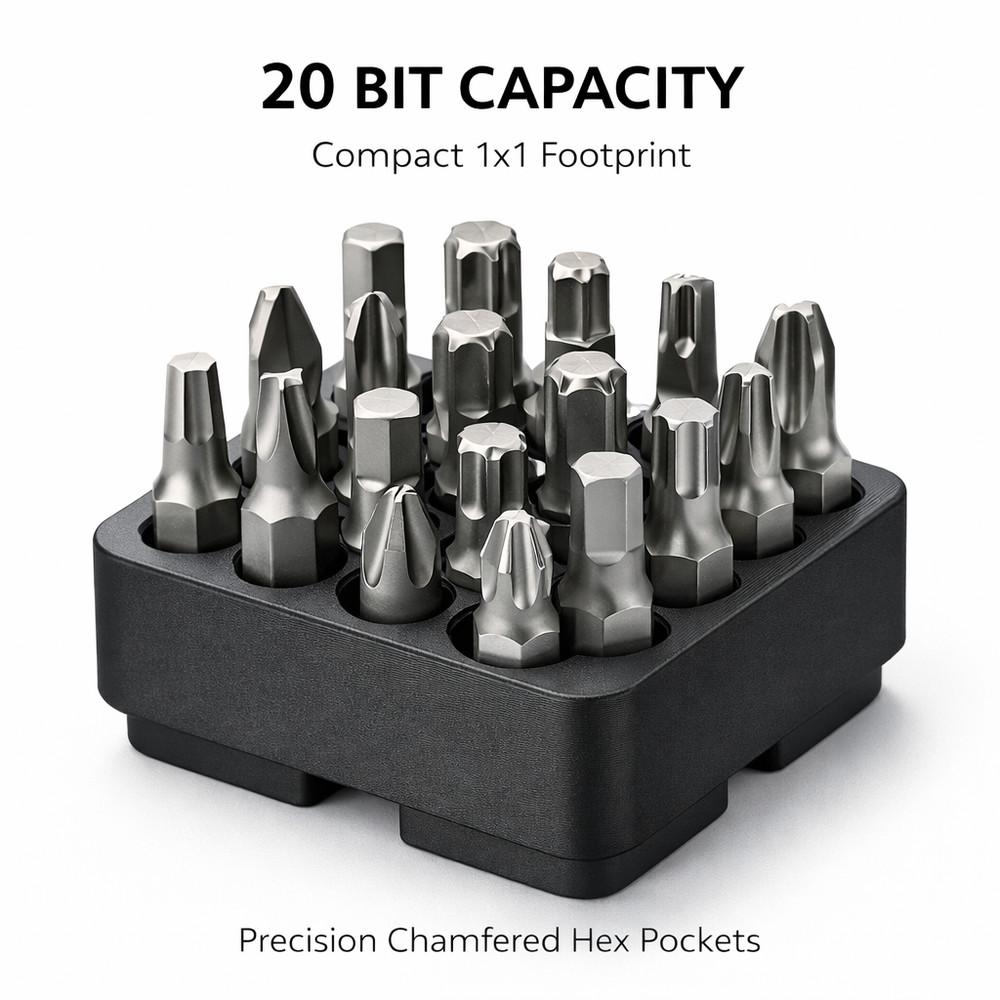 Gridfinity 1x1 Hex Bit Holder – Holds 20 – 1/4” Hex Bit Organizer – Modular