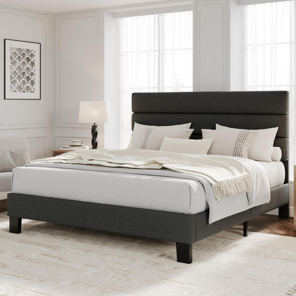 Full/Queen/King Upholstered Bed Frame with Headboard, No Box Spring Needed