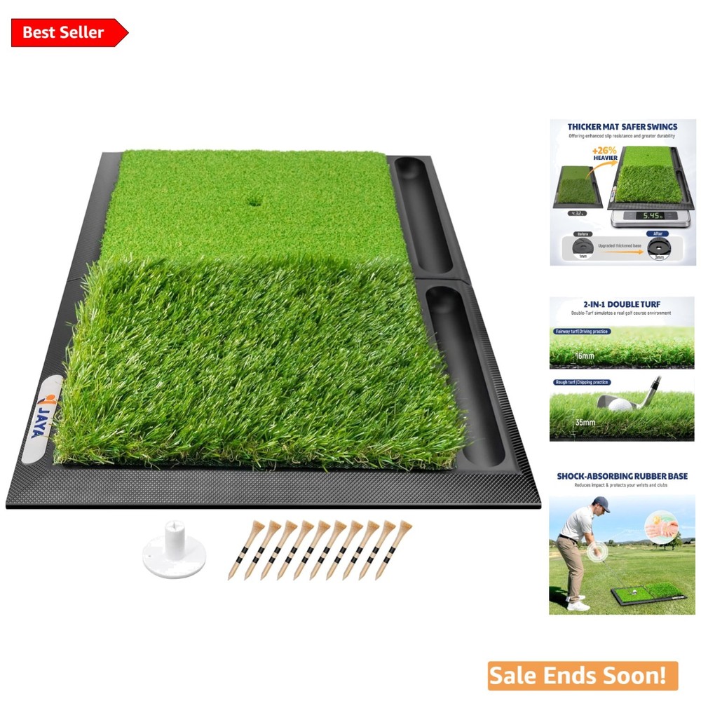 Durable Rubber Golf Hitting Mat 25” x 17” with Shock Absorbing Base for Practice