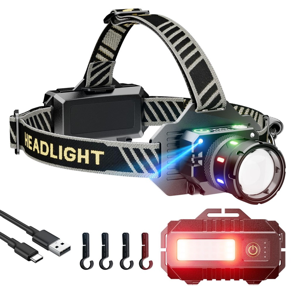 Rechargeable Headlamp 2000 High Lumens,90° Adjustable Super Bright LED Head L...