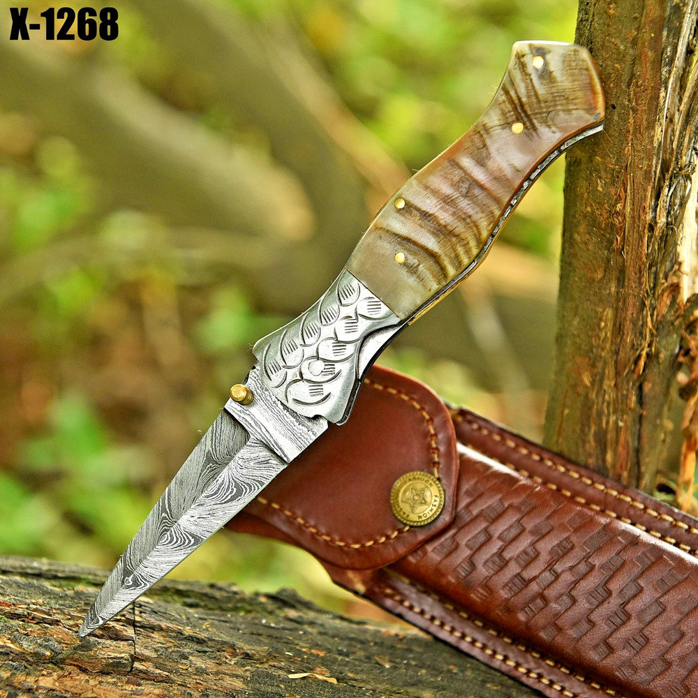 Damascus Folding Double Edge Blade Pocket Knife - Dagger - Ram Horn Handle