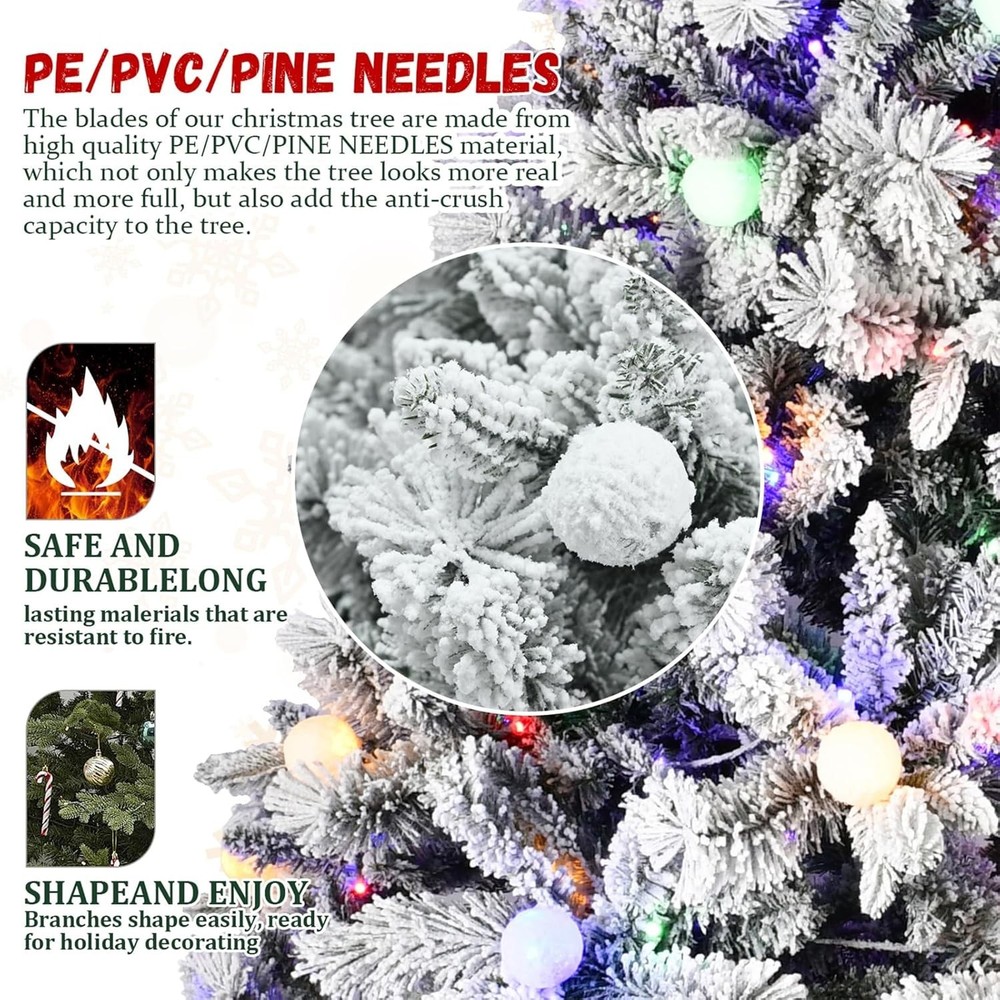 8 ft Prelit Snow Flocked Artificial Christmas Tree with White & Multicolor Light
