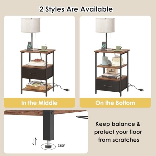 Nightstand with Lights Bedside Table with 3 Rustic Brown & Black 1-drawer