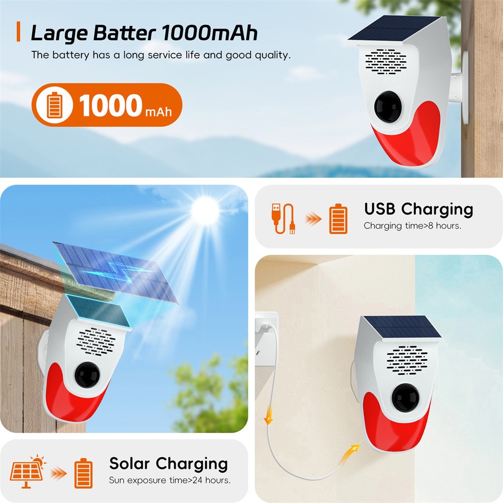 Solar Strobe Light Wireless 120db Alarm System For Home Infrared Motion Sensor