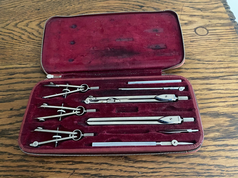COMPREHENSIVE CASED VINTAGE TECHNICAL DRAWING DRAFTING COMPASS SET