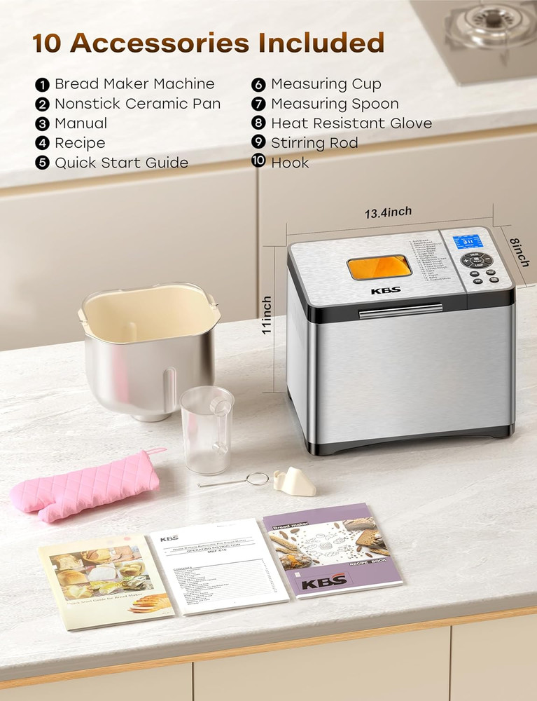 KBS 19-In-1 Programmable Bread Maker, 2LB Bread Machine with Healthy Ceramic Pan
