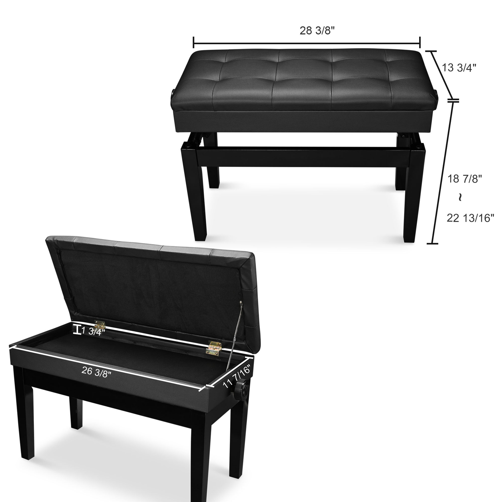 Adjustable Duet Piano Bench PU Leather Padded Wooden Keyboard Stool w/ Storage