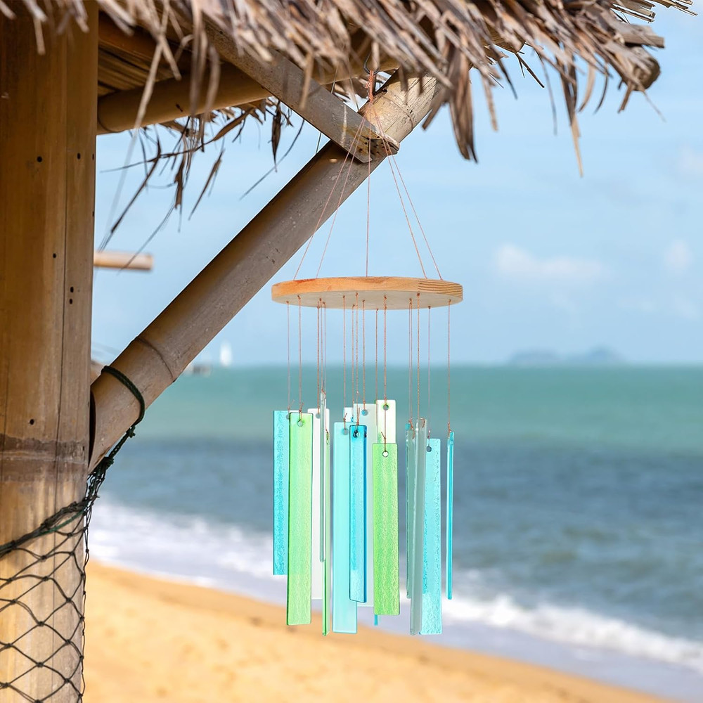 17" Sea Glass Shell Wind Chimes for outside Handcrafted Gradient Shells Coastal