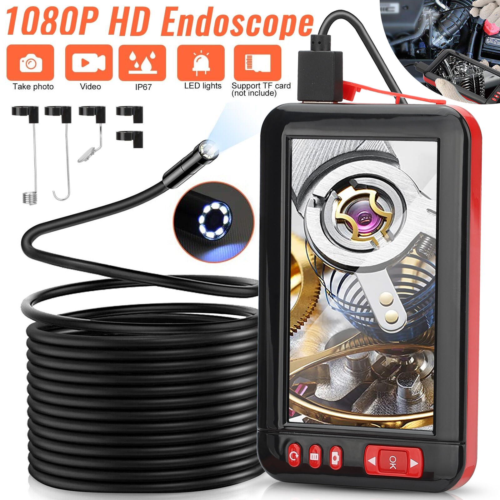 Industrial Endoscope 1080P HD 4.3'' LED Screen Borescope Inspection Snake Camera