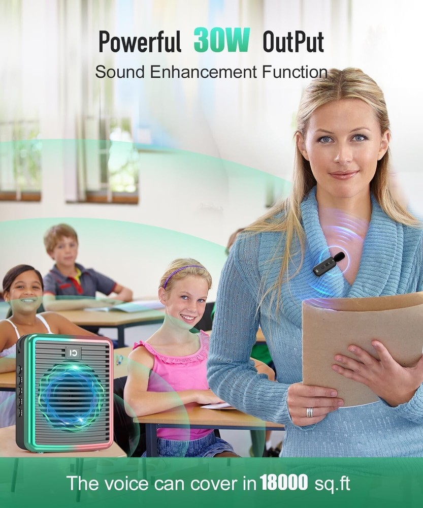 30W Wireless Voice Amplifier with Lavalier Microphone, Bluetooth Voice Amplifier