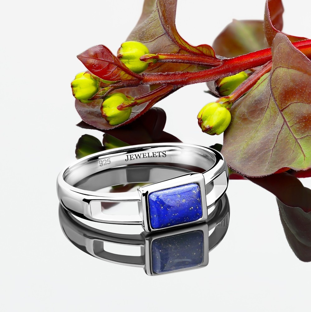 Silver Lapis Lazuli Ring – Rhodium Plated Rectangular Minimalist Signet