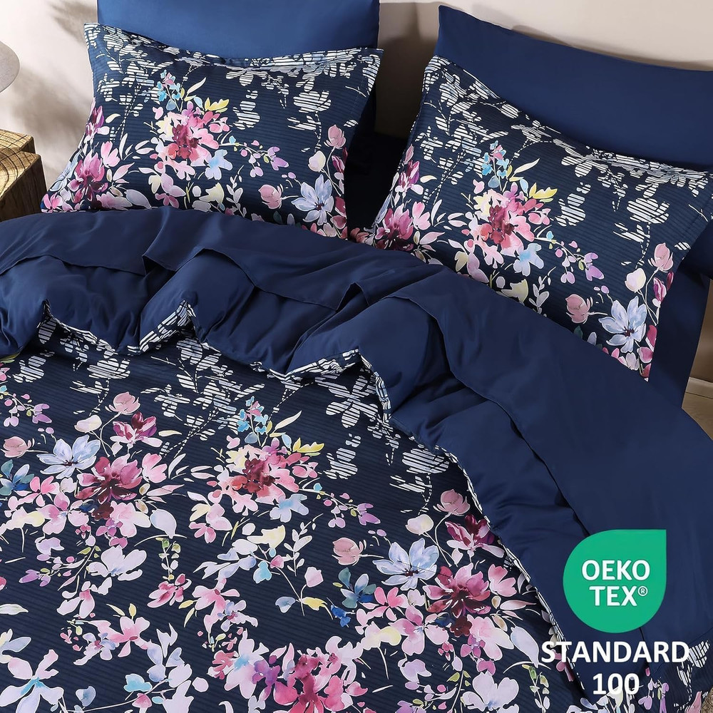Navy Blue Comforter Set Queen Size, 7 Piece Floral Bedding Comforter Sets, Bed i