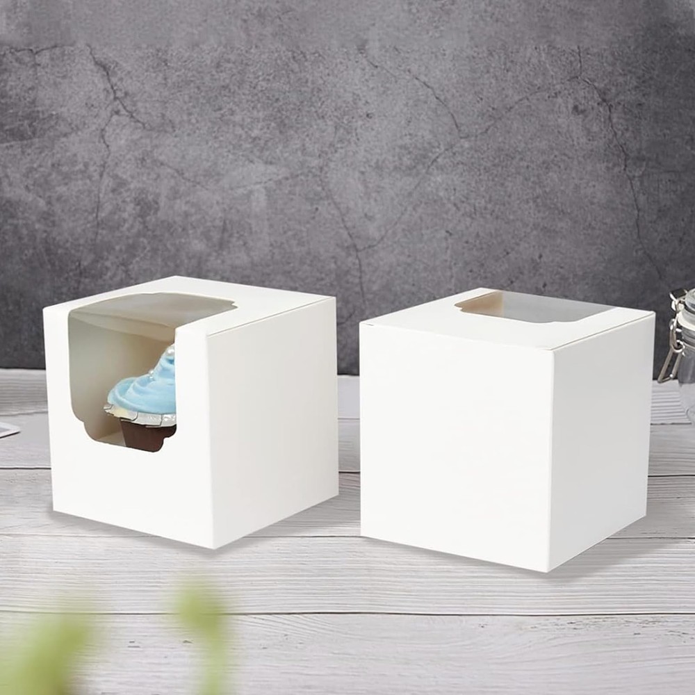 30 Pcs White Cupcake Boxes Individual Easy Assembly with Insert and Window, 3...