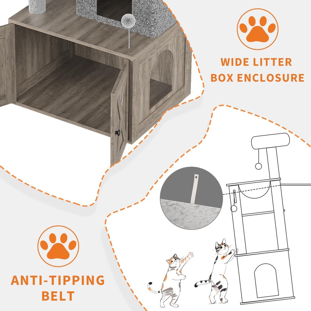 Hidden Litter Box Cat Tree, Multi-Level Tower, Scratching Post, Dangling Balls