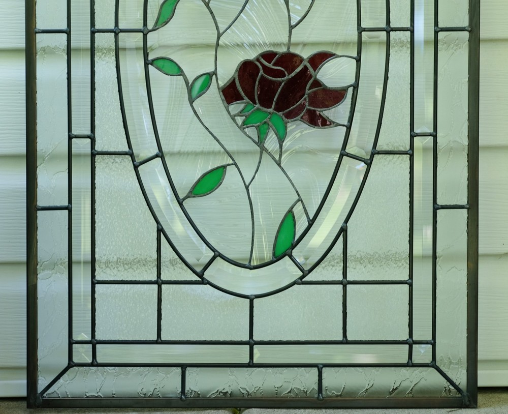 20" x 34" Stained Glass Window Panel rose blooming