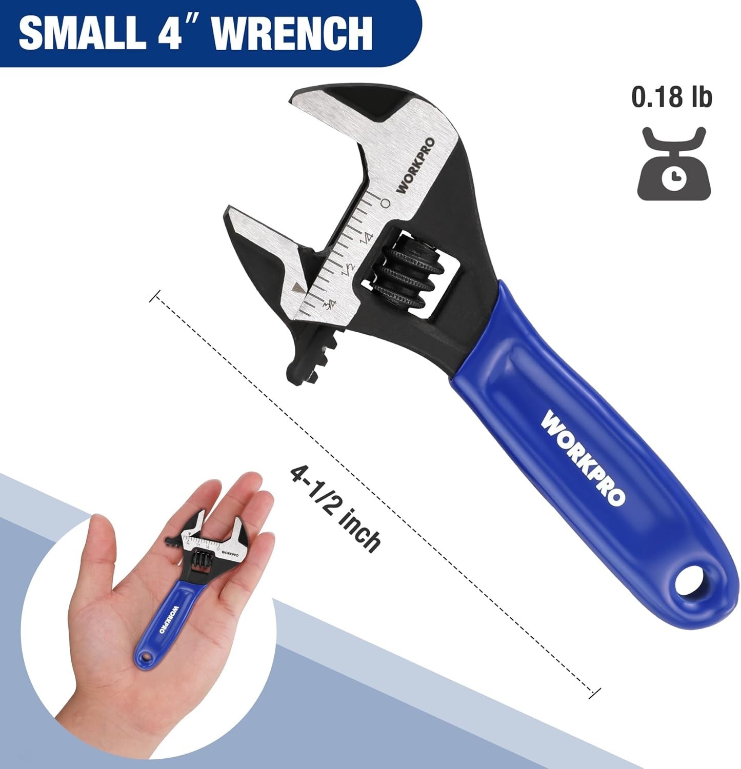 WORKPRO 4-Inch Mini Adjustable Wrench, Cr-V Steel Wide Jaw Black Oxide Wrench fo
