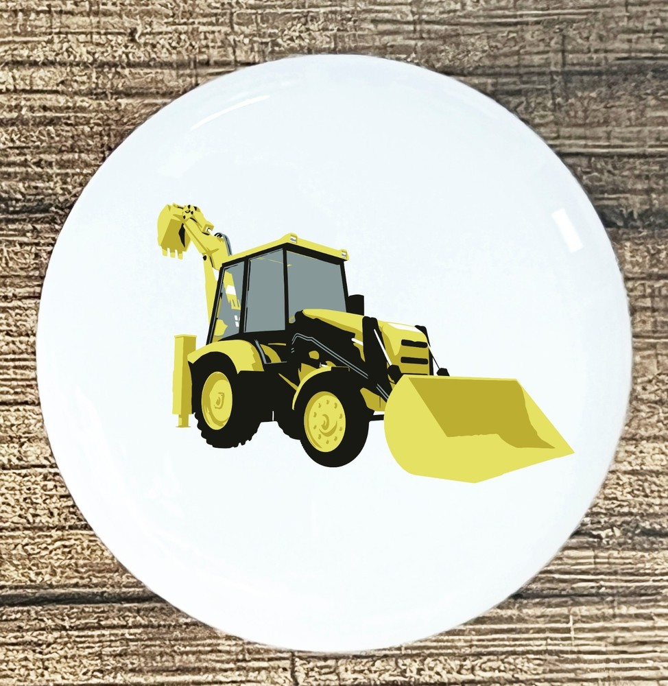 YELLOW BACKHOE TRACTOR WHITE CERAMIC KNOB KITCHEN CABINET DRESSER KNOB DECOR