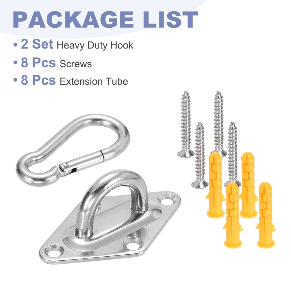 2Set M8 Eyelet Bracket Set Diamond Shaped Hook Plate and Hook, Silver