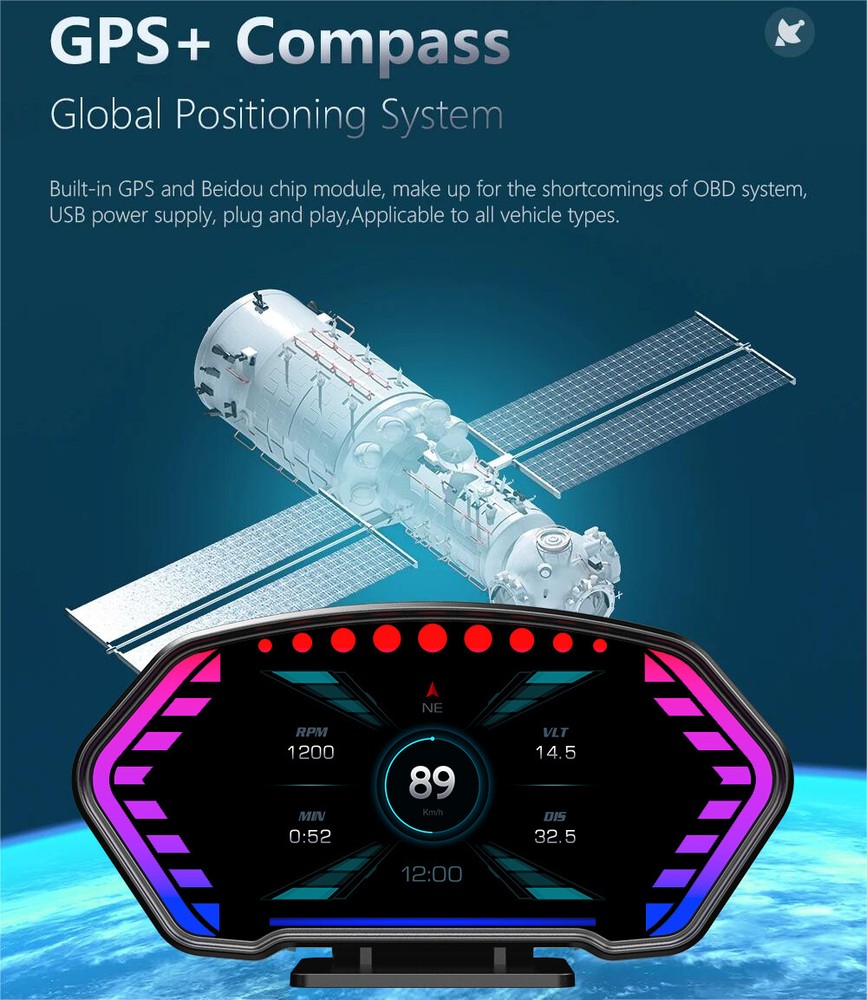 ANCEL P3 Head Up Display Auto GPS Speedometer Multi-function OBD LCD Instrument