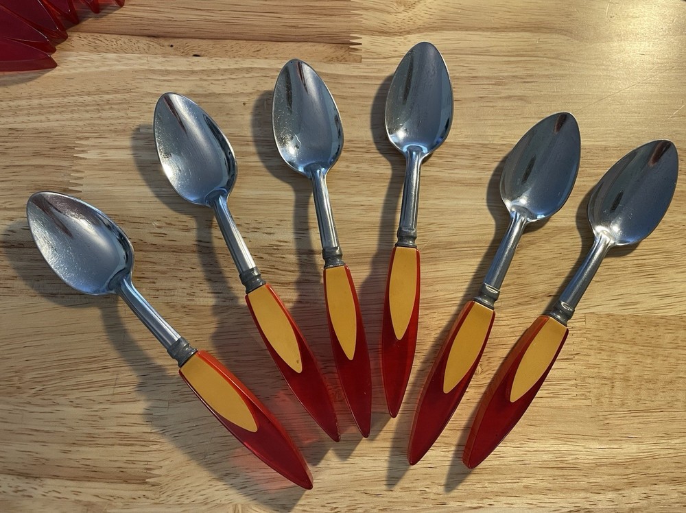 Bakelite Catalin Inlaid Teardrop Cherry Red Butterscotch Flatware 24 pc