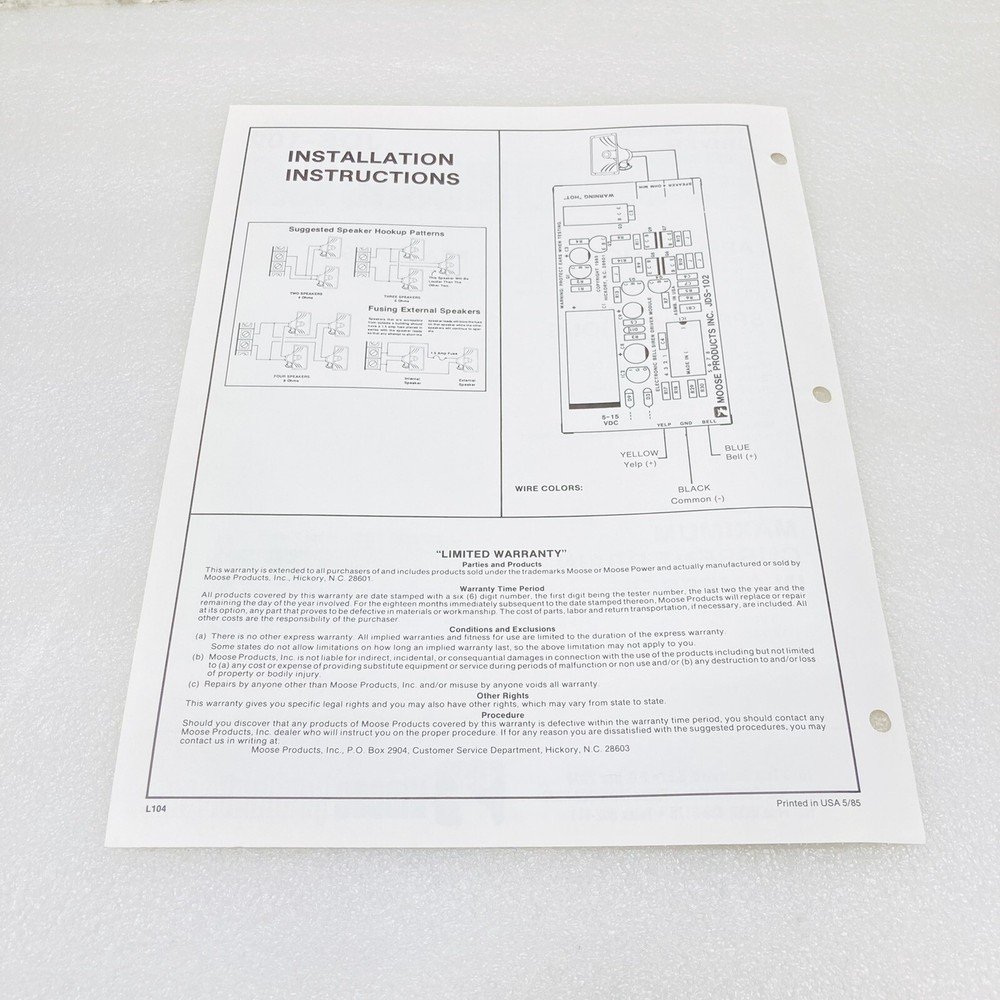 Moose JDS-102 Bell Siren Driver Specifications & Instructions Operations