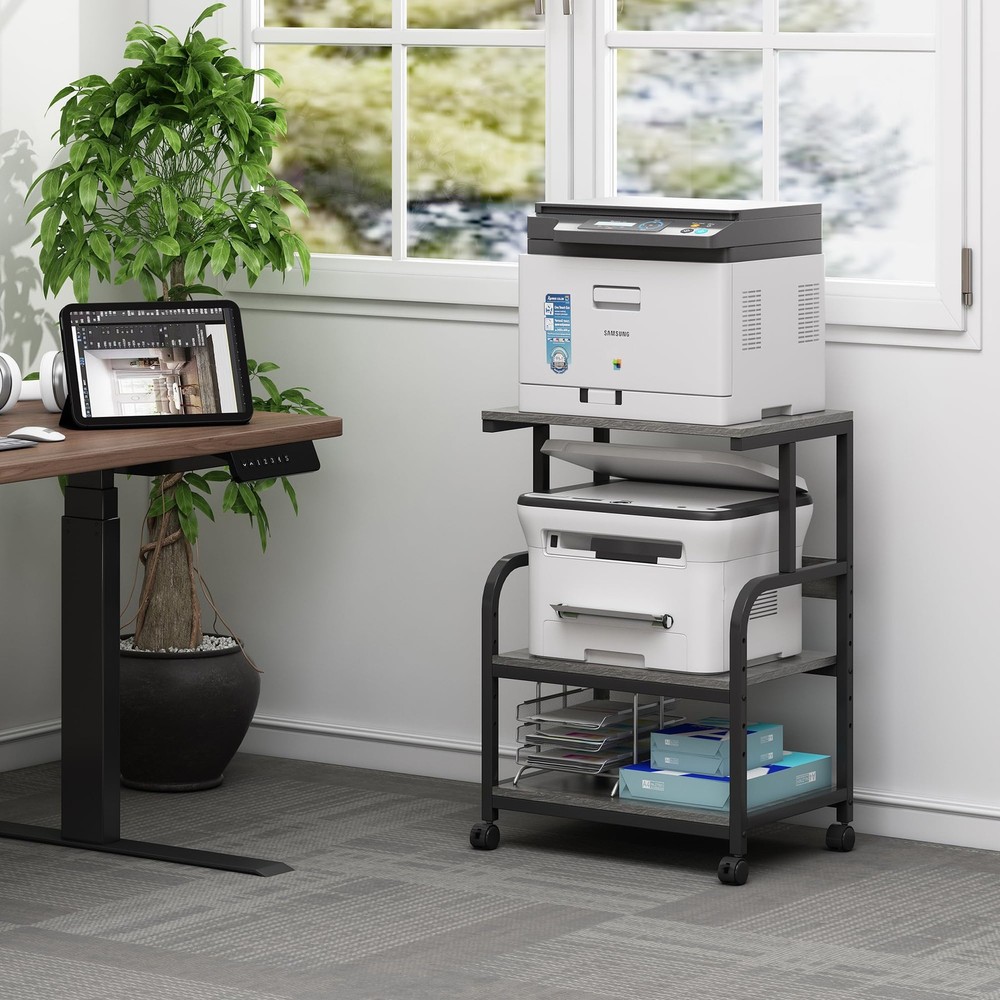 Printer Stand with Height Adjustable Storage Shelf, 3 Tier Mobile Printer Tab