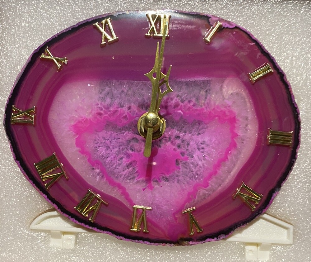 Natural Electroplated Pink Agate Gemstone Crystal Table Clock Home Decor AAA+++
