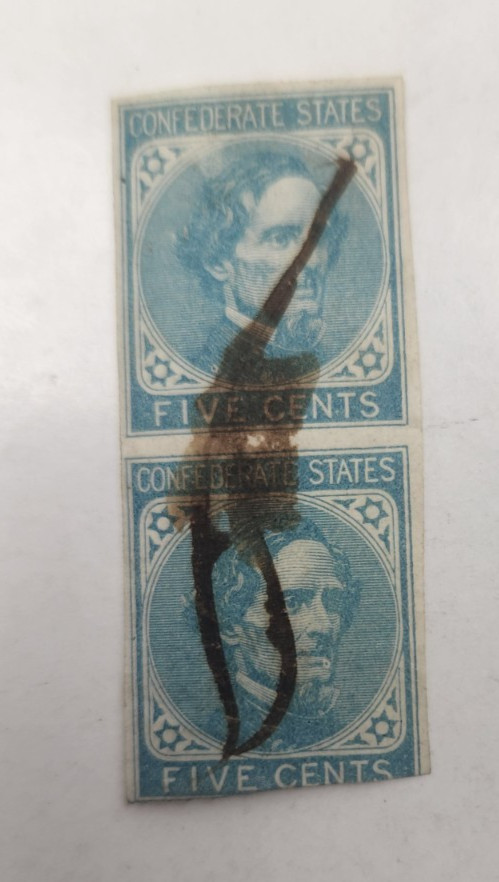 Civil War CSA 5 Cent Stamp De La Rue & Co London 1862 Jefferson Davis # 7 pAIR