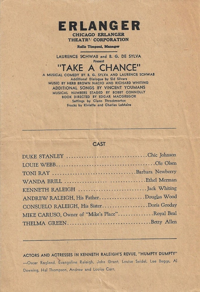 Ethel Merman "TAKE A CHANCE" Ole Olsen / Chic Johnson 1933 Chicago Program