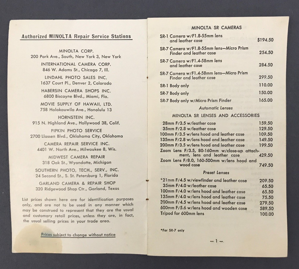 Minolta Price Reference Guide - 1964 - Collectable