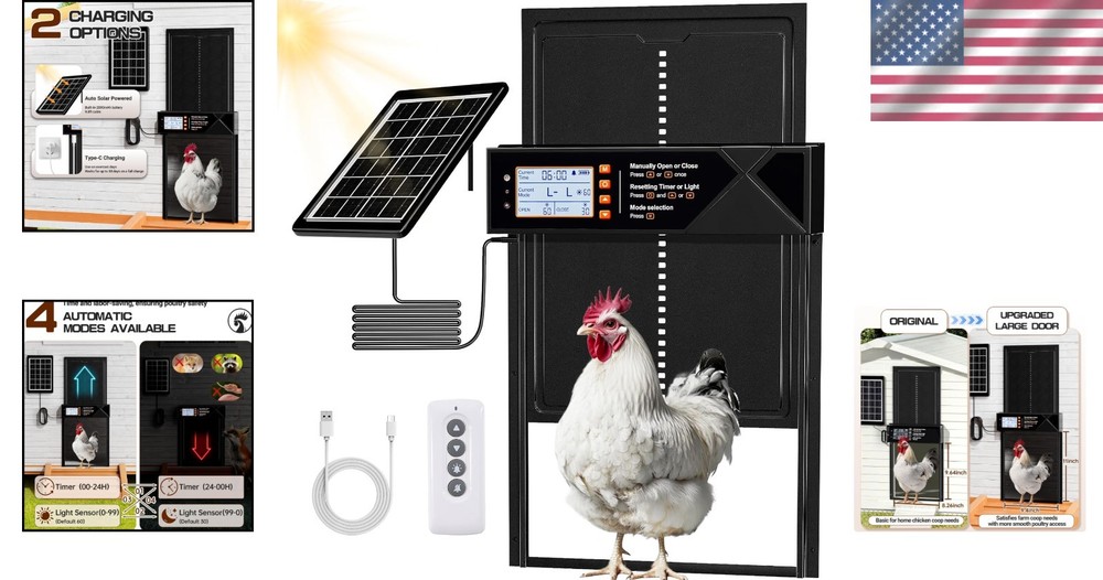 Extra Large Solar Automatic Chicken Coop Door Poultry Gate W/ Timer Light Sensor