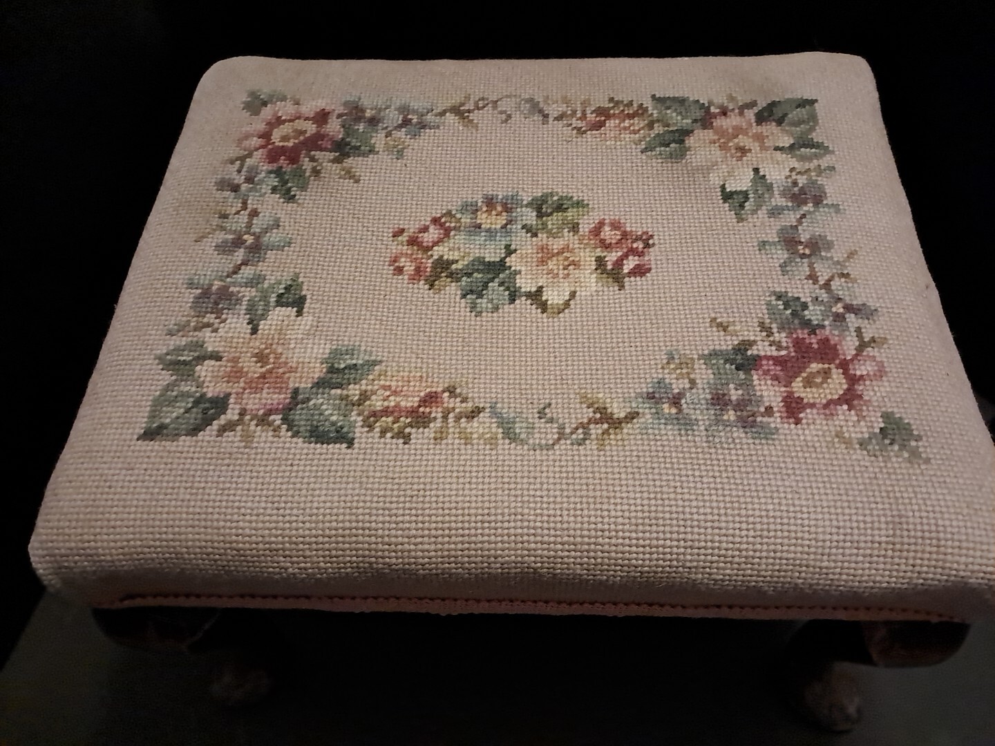 VINTAGE NEEDLEPOINT  FLORAL DESIGN  TOP  WITH HAND PAINTED  LEGS  FOOTSTOOL