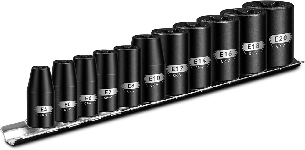 E Torx & Star Socket Set with Rail, 11-Piece Female External Sockets