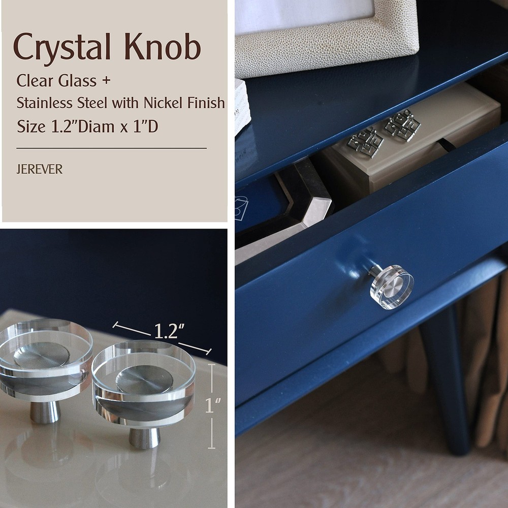 JEREVER 6 Pack Glass Crystal Knobs Brushed Nickel Drawer Pull Cabinet Handle ...