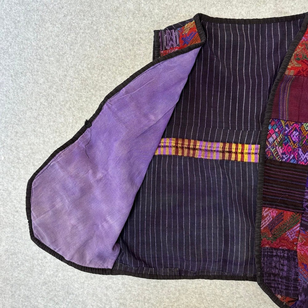 Artisan Made Patchwork Vest Guatemalan Textile Boho Pinstripe Back Multicolor