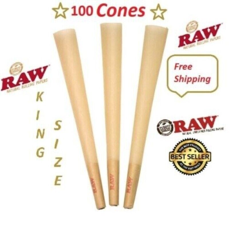 Authentic Unbleached RAW KING Size pre rolled rolling paper 100 Cones w/ Filter