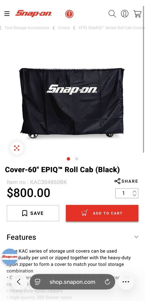Snap-On 60” EPIQ Tool Box Cover