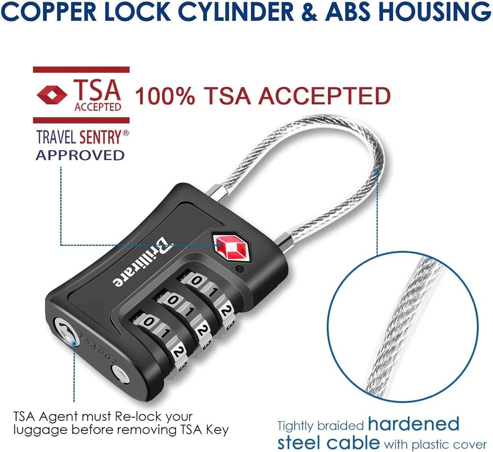 2 Pack TSA Approved Luggage Locks, Combination Travel Cable Padlock, Black