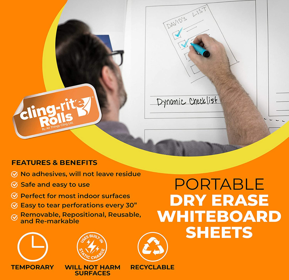 Clingers Dry Erase Cling-rite Roll Basic, Removable, Recyclable Whiteboard, 1-50