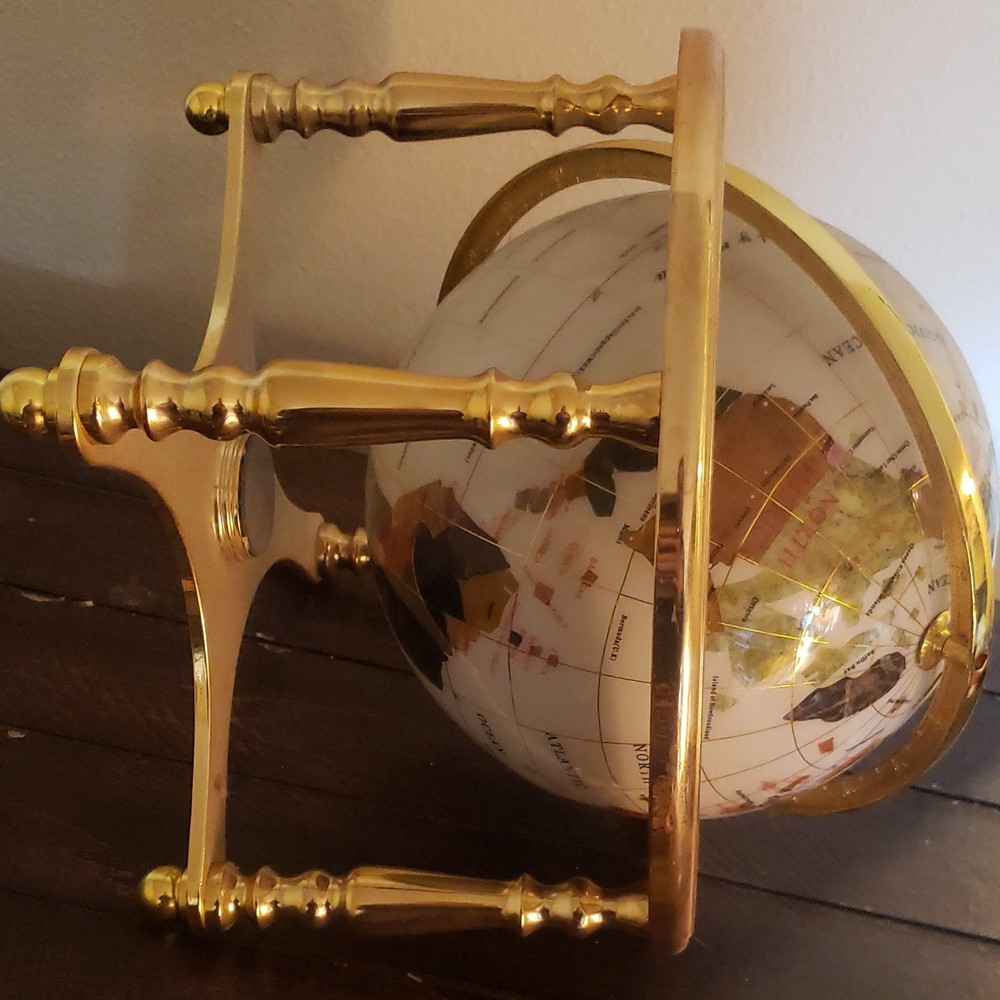 Gemstone Multicolor Tabletop Globe with Gold Metal Base, Rotating Decorative