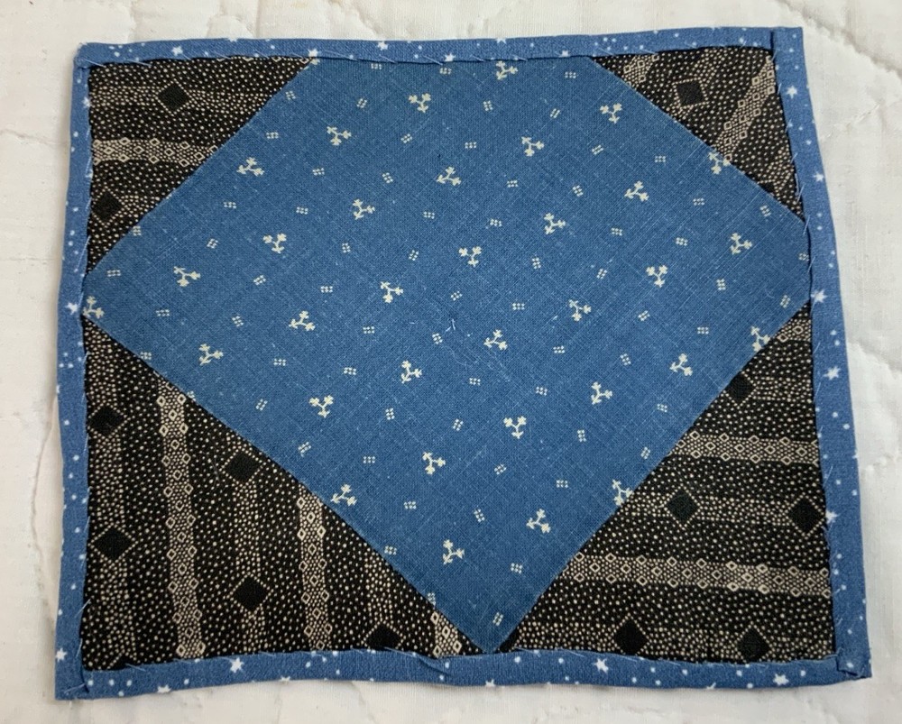 Antique Patchwork Quilt Table Topper, Early Calicos, Blue & Black, Triangles