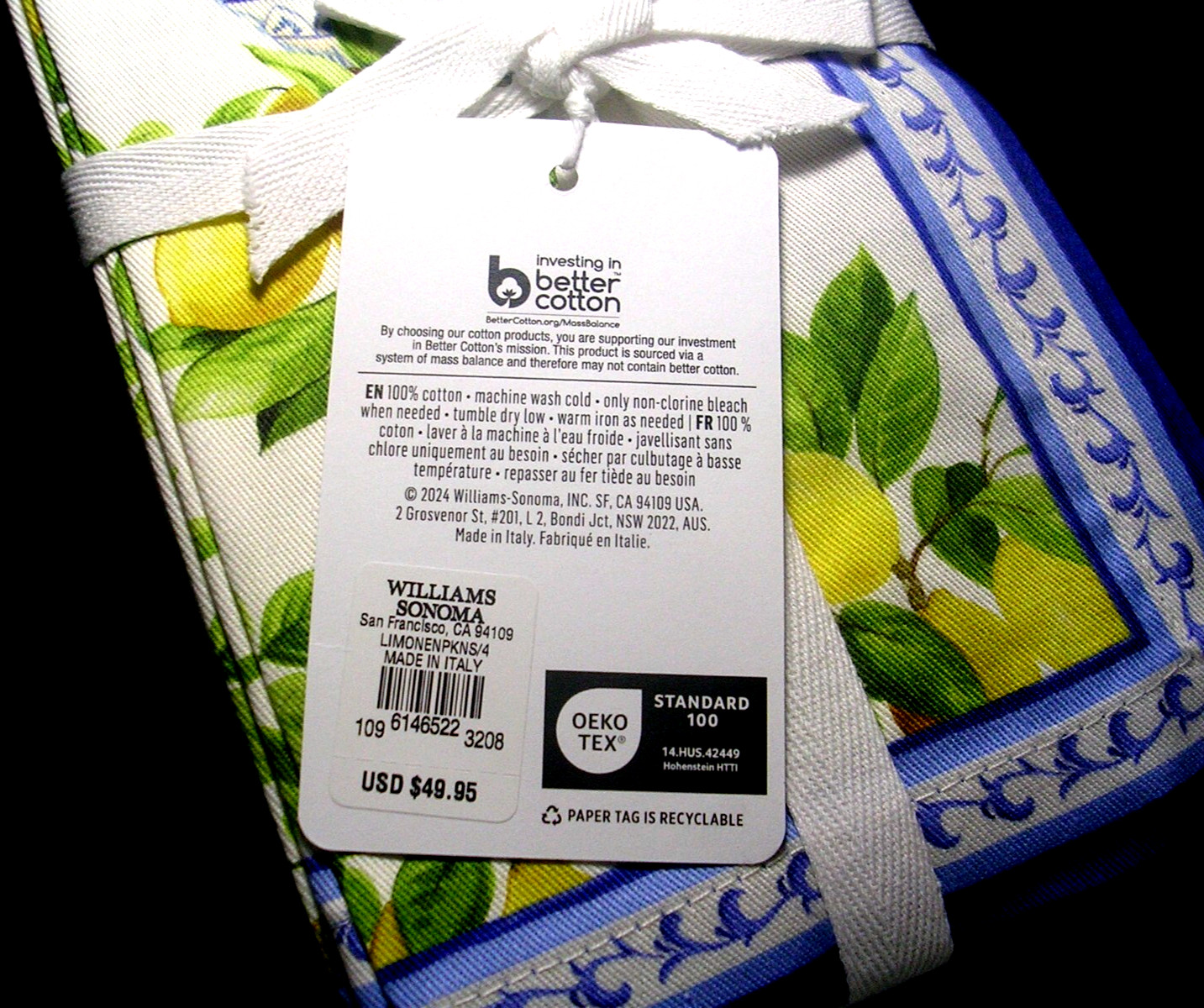 WILLIAMS SONOMA LIMONE DINNER NAPKINS 100% COTTON SET OF FOUR ITALY N/WITH TAGS