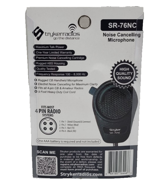 Stryker SR-76NC Rugged Handheld Noise Cancelling 4-Pin CB Microphone Brand New
